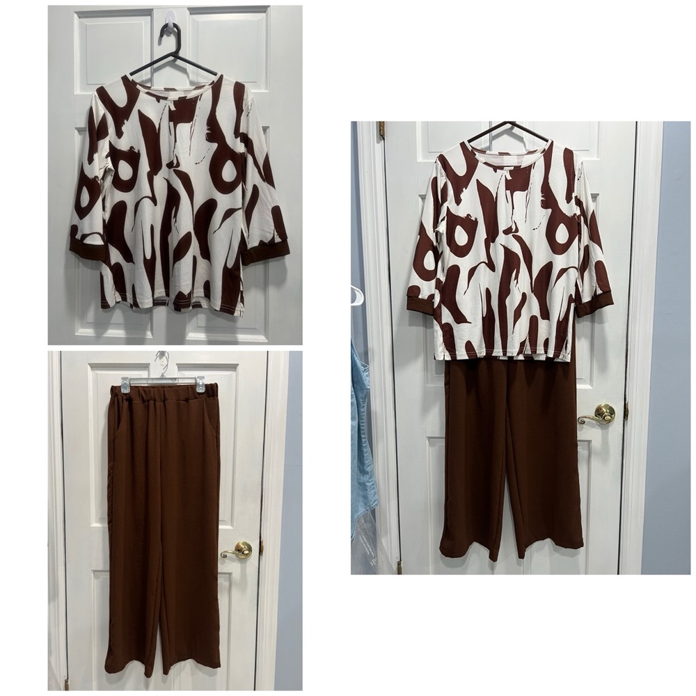 UNBRANDED NWOT Brown White Ribbed Blouse, Stretch Waist Dress Trousers SZ LARGE
